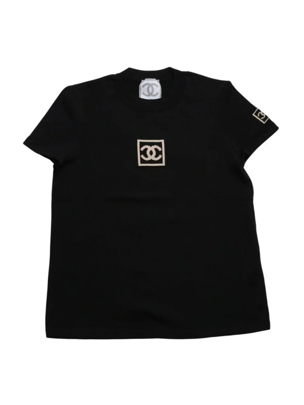 Chanel Knit Short Sleeve Top T-Shirt CC Logo Cotton Black Sweater